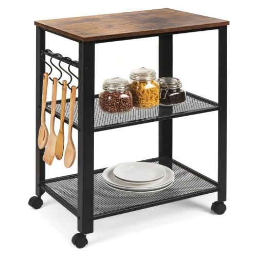 3-Tier Microwave Cart Rolling Utility Serving Cart w/ 2 Shelves, 4 Hooks - Lot 6399