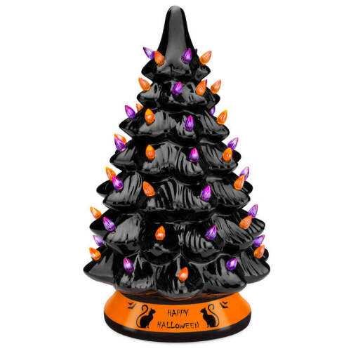 Ceramic Halloween Tabletop Tree w/ Orange & Purple Bulb Lights - Lot 6431