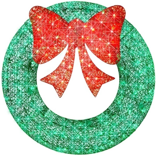 Pre-Lit Outdoor Christmas Wreath, LED Metal Holiday Decor w/ Bow - 48in - Lot 6440