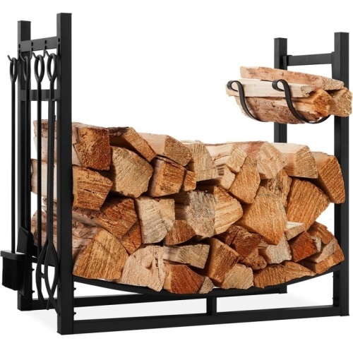 Steel Firewood Log Storage Rack & Tool Set w/ Kindling Holder - 34.25in - Lot 6366