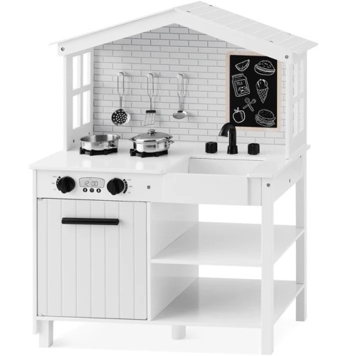 Kids Farmhouse Play Kitchen w/ Chalkboard, Storage Shelves, 5 Accessories - Lot 5799