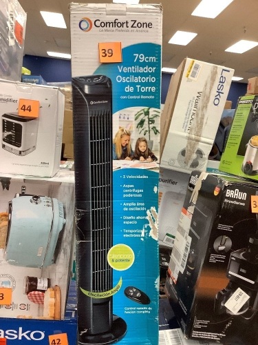 Comfort Zone30 in. 3-Speed Oscillating Black Tower Fan with Remote Control - Lot 39