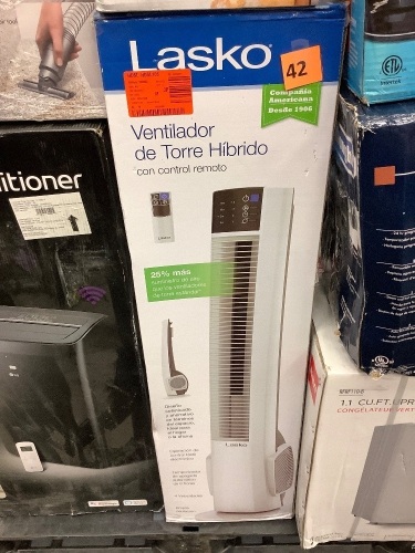 LaskoHybrid 38 in. 4 Speed Oscillating White Tower Fan with Auto Shut-Off Timer and Remote Control - Lot 42