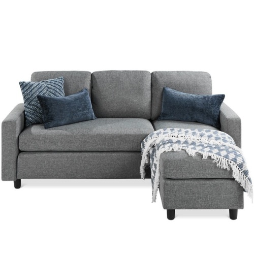 Linen Sectional Sofa Couch w/ Chaise Lounge, Reversible Ottoman Bench - Lot 117