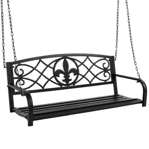 2-Person Outdoor Metal Hanging Swing Bench w/ Fleur-de-Lis Accents - Lot 144