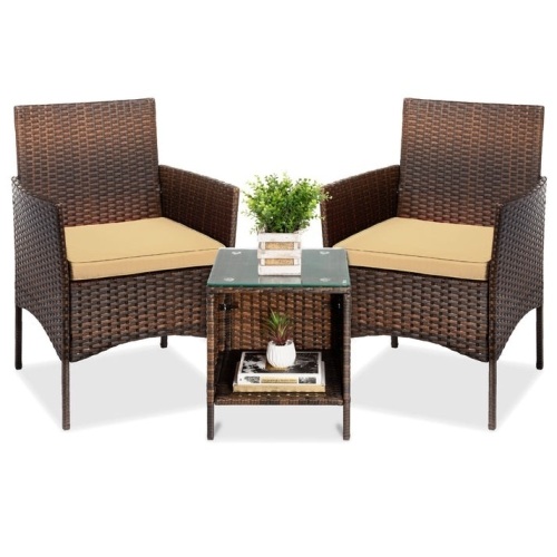 3-Piece Outdoor Patio Wicker Bistro Set w/ Side Storage Table - Lot 151