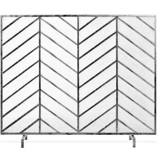 Single Panel Iron Chevron Fireplace Screen w/ Antique Finish - 38x31in - Lot 256