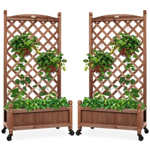 Set of 2 Wood Planter Box & Lattice Trellis w/ Optional Wheels - 48in - Lot 271