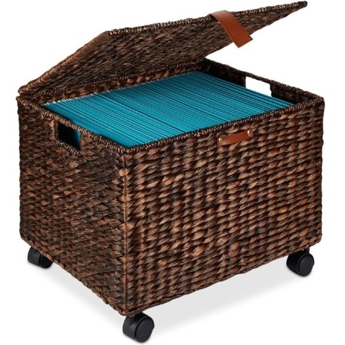 Mobile Water Hyacinth Rolling Filing Cabinet Storage Basket w/ Lid, Wheels - Lot 275
