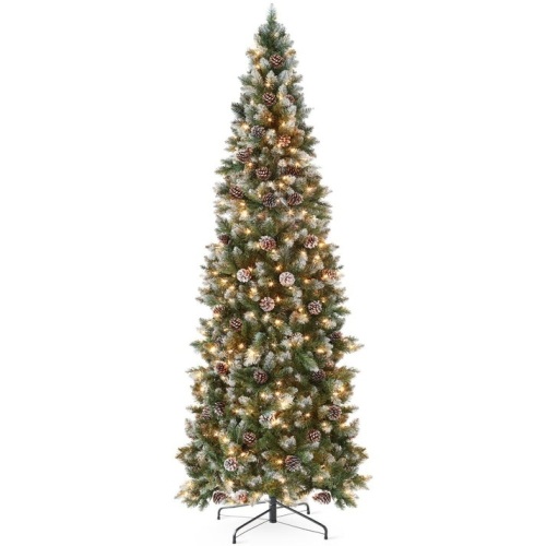 Pre-Lit Partially Flocked Pencil Christmas Tree w/ Pine Cones, Metal Stand, 6ft - Lot 413
