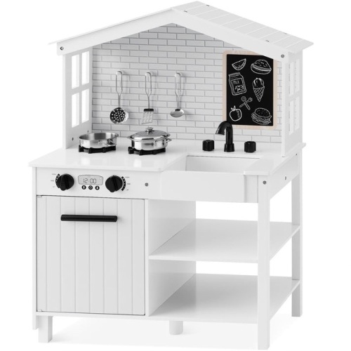 Kids Farmhouse Play Kitchen w/ Chalkboard, Storage Shelves, 5 Accessories - Lot 445