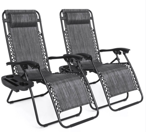 Set of 2 Adjustable Zero Gravity Patio Chair Recliners w/ Cup Holders, Gray - Lot 111
