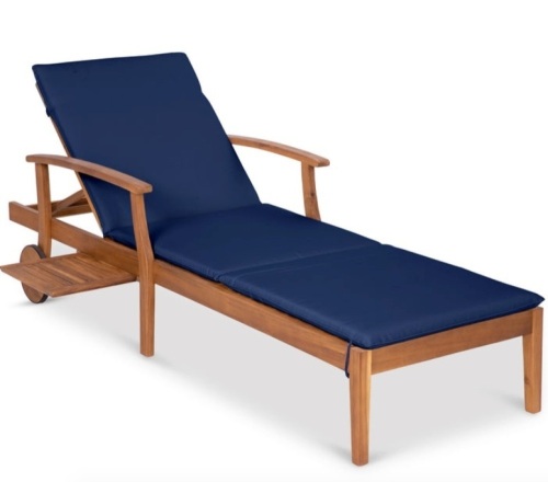 Adjustable Acacia Wood Chaise Lounge Chair w/ Side Table, Wheels - 79x26in, Navy - Lot 126