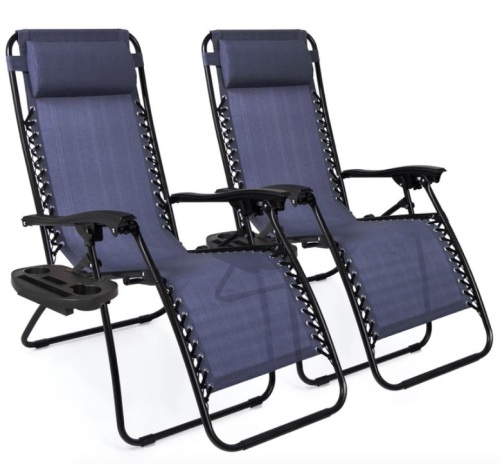 Set of 2 Adjustable Zero Gravity Patio Chair Recliners w/ Cup Holders, Blue - Lot 132