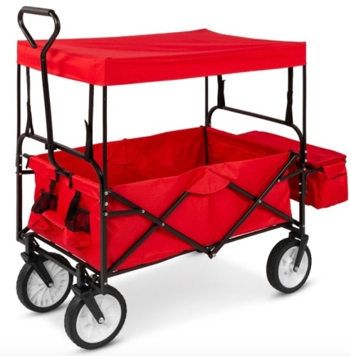 Utility Wagon Cart w/ Folding Design, 2 Cup Holders, Removable Canopy, Red, Missing Hardware - Lot 134