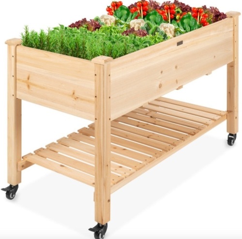 Mobile Raised Garden Bed Elevated Wood Planter w/ Wheels, Storage Shelf - Lot 144