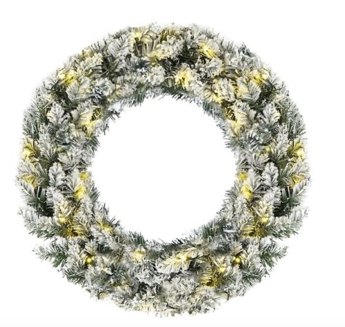 24 in. Green Pre-Lit Artificial Snow Flocked Christmas Pine Wreath with 50 LED Lights Timer - Lot 145
