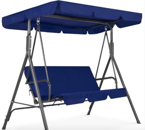 3-Person Outdoor Canopy Swing Glider Furniture w/ Cushions, Steel Frame, Navy/Gray - Lot 152