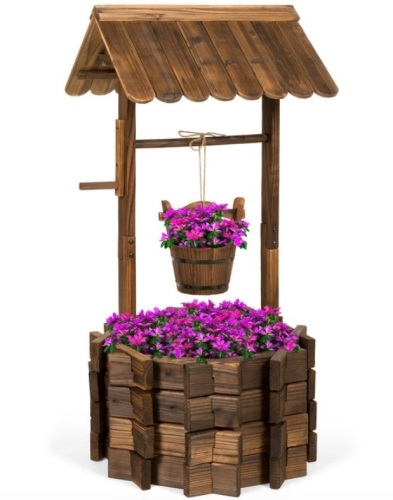 Rustic Wooden Wishing Well Planter Yard Decoration w/ Hanging Bucket - Lot 155