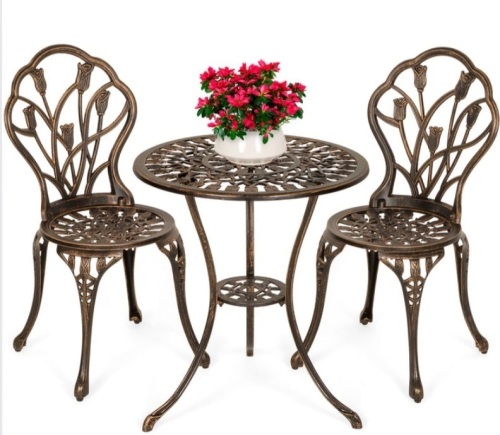 3-Piece Cast Aluminum Patio Bistro Furniture Set, Brown - Lot 164