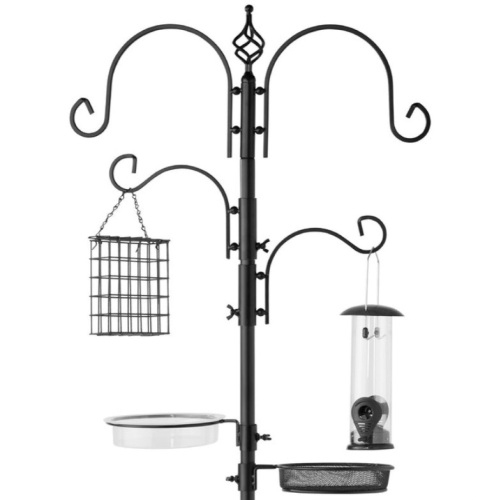 4-Hook Bird Feeding Station, Steel Feeder Stand w/ 2 Bird Feeders - 91in, Black - Lot 172