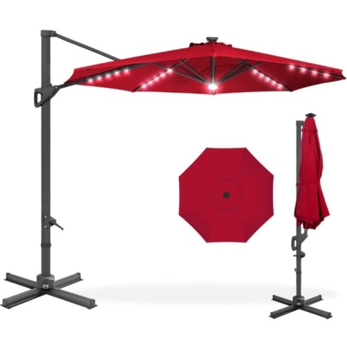360-Degree Solar LED Cantilever Offset Patio Umbrella w/ Tilt - 10ft, Red - Lot 176