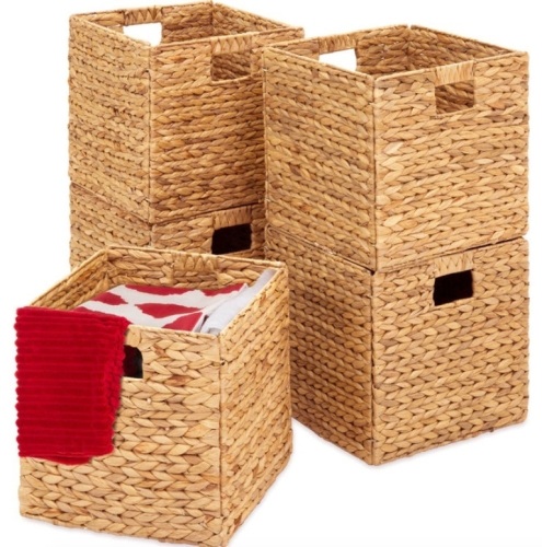 Set of 5 Collapsible Hyacinth Storage Baskets w/ Inserts - 12x12in, Natural - Lot 186