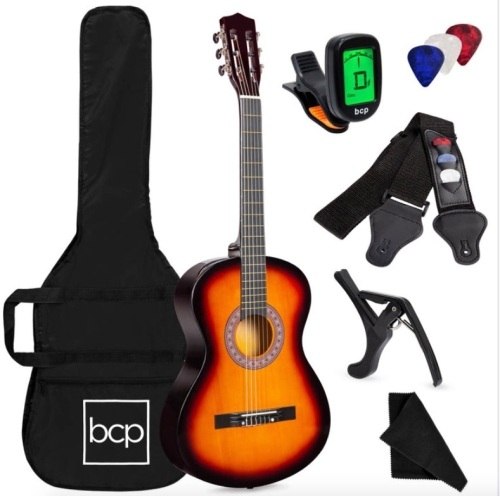 Full Size Beginner Acoustic Guitar Set with Case, Strap, Capo - 41in, Natural - Lot 248