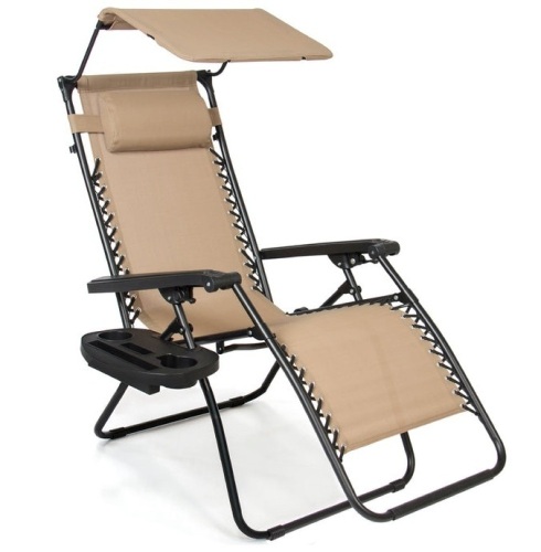 Folding Zero Gravity Recliner Patio Lounge Chair w/ Canopy, Side Tray, Beige, Appears New - Lot 335