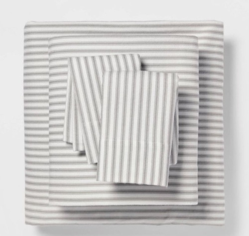 Threshold Queen Flannel Sheet Set, Gray/White Stripe - Lot 400