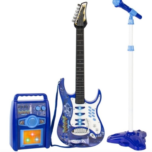 Kids Electric Guitar Toy Play Set w/ 6 Songs, Microphone, Amp, Blue - Lot 471
