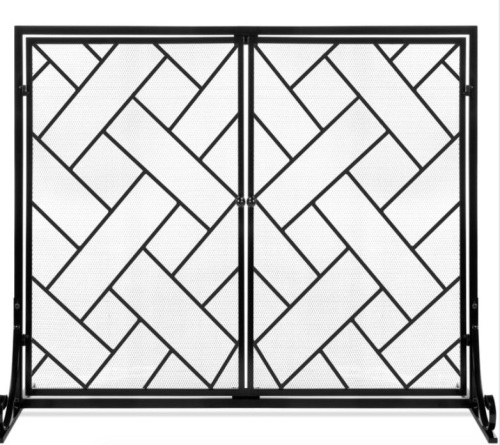 2-Panel Wrought Iron Geometric Fireplace Screen w/ Magnetic Doors - 44x33in, Black - Lot 221