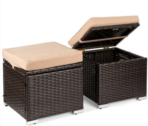 Set of 2 Wicker Ottomans, Multipurpose w/ Removable Cushions, Steel Frame, Brown/Beige - Lot 251