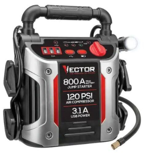 800 Peak Amp Jump Starter, 120 PSI Air Compressor, Three USB Charging Ports, Rechargeable - Lot 489