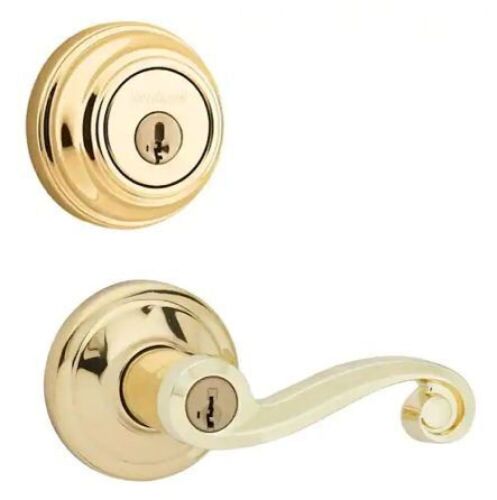 Kwikset Lido Polished Brass Exterior Entry Door Handle and Single Cylinder Deadbolt Combo Pack Featuring SmartKey Security - Lot 793