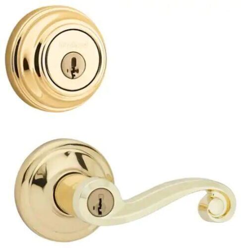Kwikset Lido Polished Brass Exterior Entry Door Handle and Deadbolt Combo - Lot 904