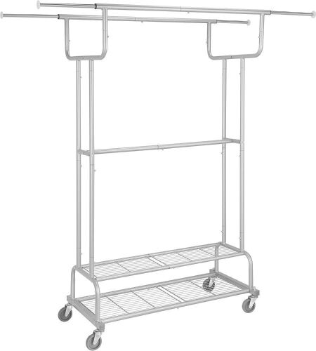 Simple Trending Double Rail Clothes Garment Rack on Wheels and Bottom Shelves, Holds up to 200 lbs, Silver  - Lot 630