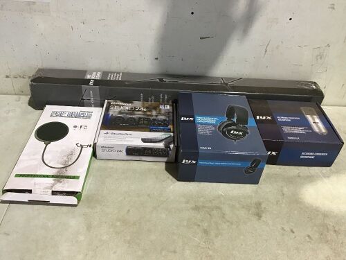 LyxPro Mic Boom Stand, LyxPro Monitoring Headphones, LyxPro Recording Condensor Microphone, PreSonus Studio 24c USB Audio Interface & Professional Pop Shield - Lot 44