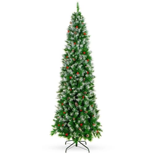 7.5' Partially Flocked Spruce Pencil Christmas Tree w/ Berries, Pine Cones - Lot 827