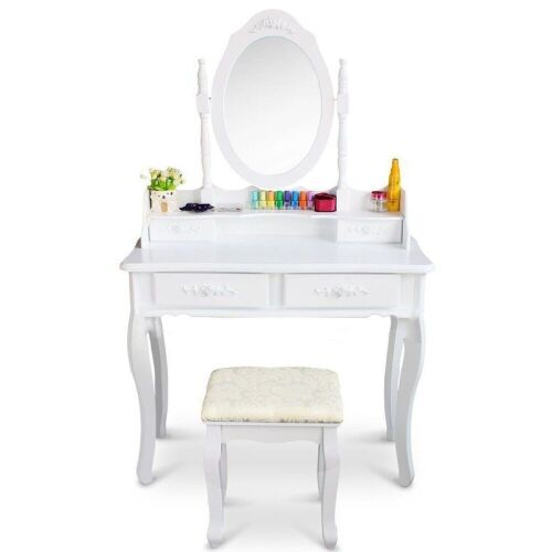 White Vanity with Mirror and Stool with Yellow Upholstery - Lot 391