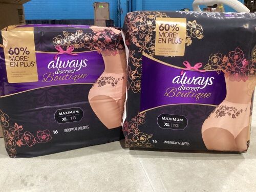 Lot of (2) 32-Count Always Discreet Boutique Incontenence Underwear - XL Size - Lot 1050