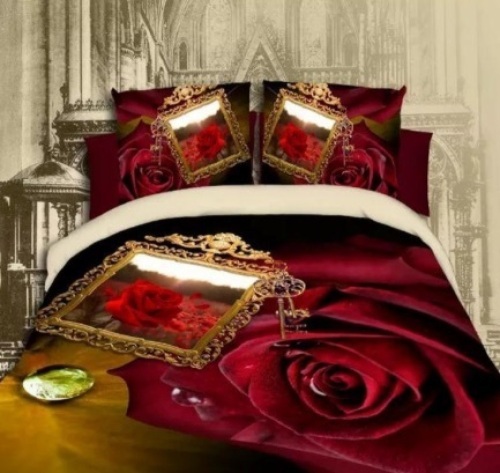 Lot of 2, 3D Red Rose Bedding Set, 100% Cotton, 4pcs with Duvet Cover, Flat Bed Sheet, 2 Pillow Cases - Lot 107