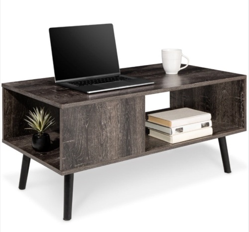 Wooden Mid-Century Modern Coffee Accent Table w/ Open Storage Shelf, Black - Lot 198
