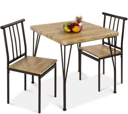 3-Piece Metal Wood Square Dining Table Furniture Set w/ 2 Chairs, Brown - Lot 259