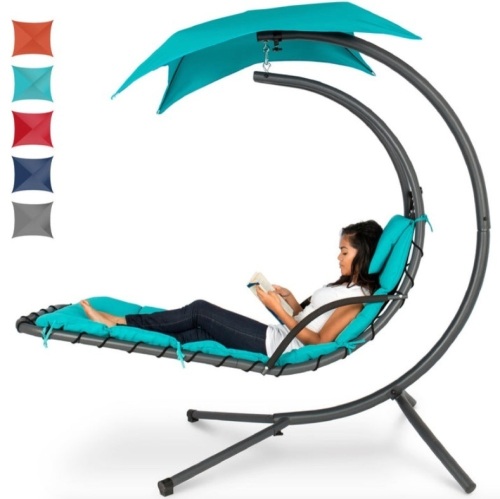 Hanging Curved Chaise Lounge Chair w/ Built-In Pillow, Removable Canopy, Blue, May Be Missing Hardware - Lot 297