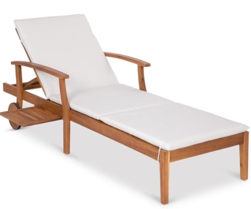 Adjustable Acacia Wood Chaise Lounge Chair w/ Side Table, Wheels - 79x26in, Cream - Lot 436
