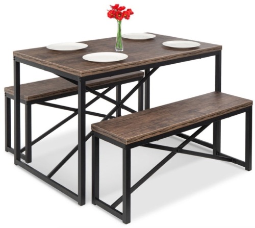 3-Piece Bench Style Dining Furniture Set w/ 2 Benches, Table - 45.5in, Brown/Black - Lot 441