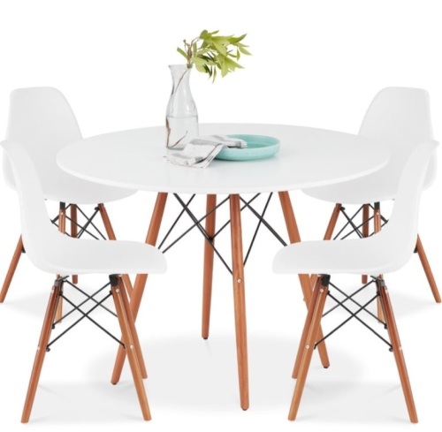 5-Piece Mid-Century Modern Dining Set w/ 4 Chairs, Wooden Legs, Metal Frame, Brown/White - Lot 516