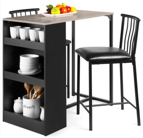 3-Piece Counter Height Kitchen Dining Table Set w/ Storage Shelves, Gray - Lot 571