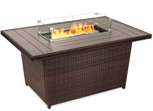 Wicker Propane Fire Pit Table, 50,000 BTU w/ Glass Wind Guard, Cover - 52in - Lot 522